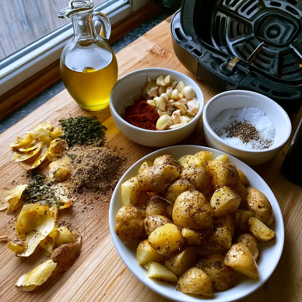 Zutaten für Crispy Air Fryer Kartoffeln auf einem Holzbrett mit Gewürzen