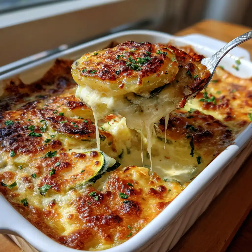 Nahaufnahme von cremigem Zucchini-Kartoffel-Auflauf mit weichen Gemüseschichten und geschmolzenem Käse