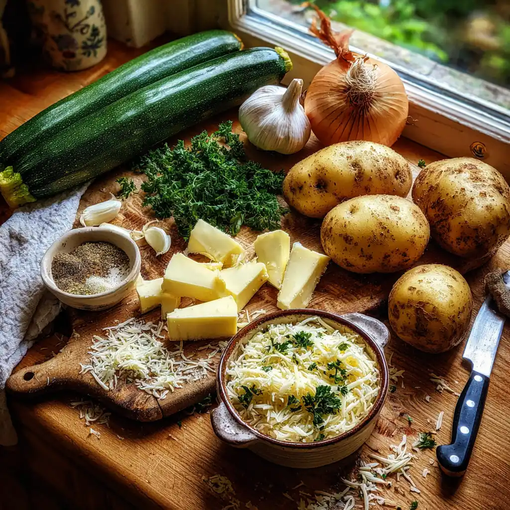 Kartoffeln, Zucchini, Sahne, Milch, Eier, Käse, Zwiebel und Gewürze für einen Zucchini-Kartoffel-Auflauf