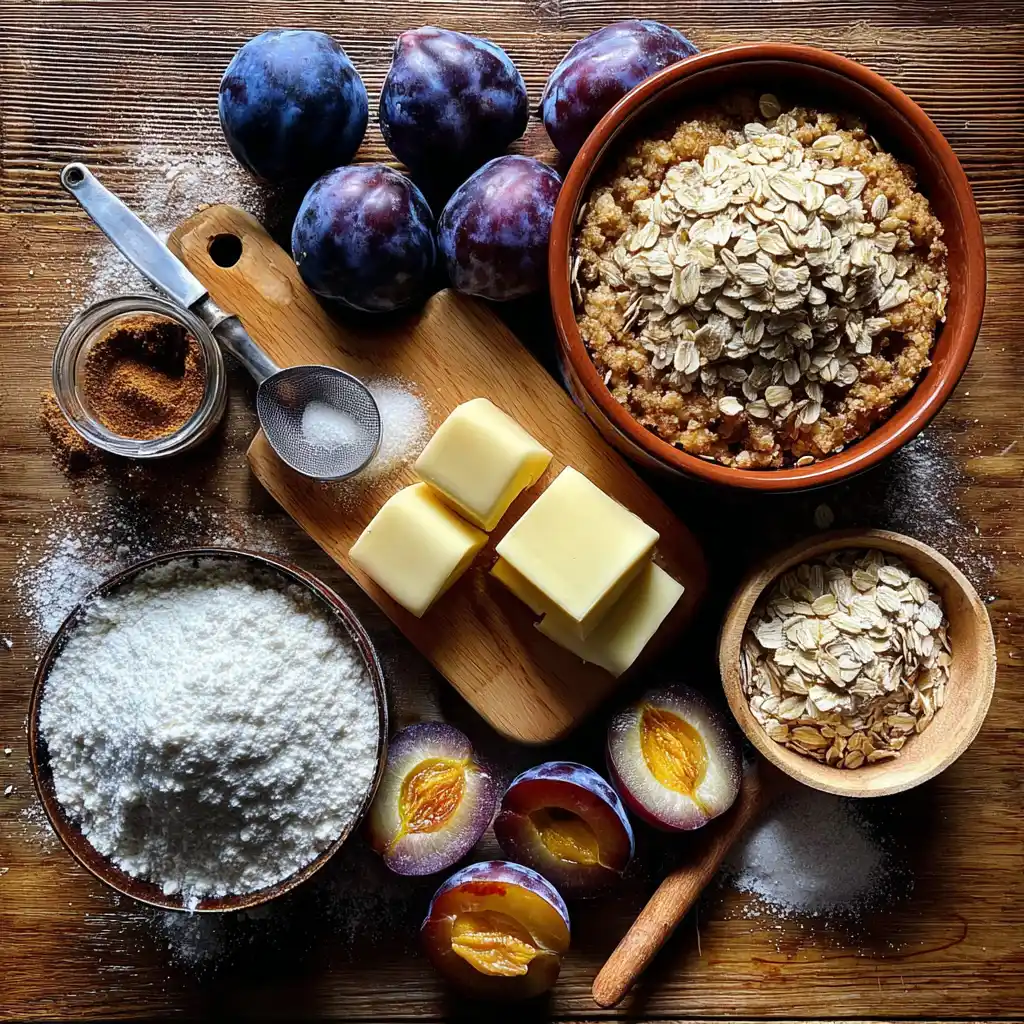 Zutaten für einfachen Pflaumen-Crumble mit Pflaumen, Haferflocken, Mehl, Butter, Zucker und Zimt