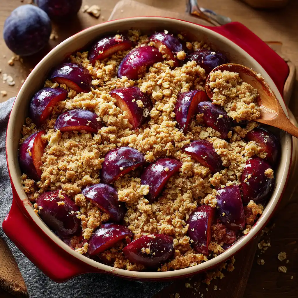 Zubereitung eines Pflaumen-Crumbles mit Haferflockenstreuseln in einer Auflaufform