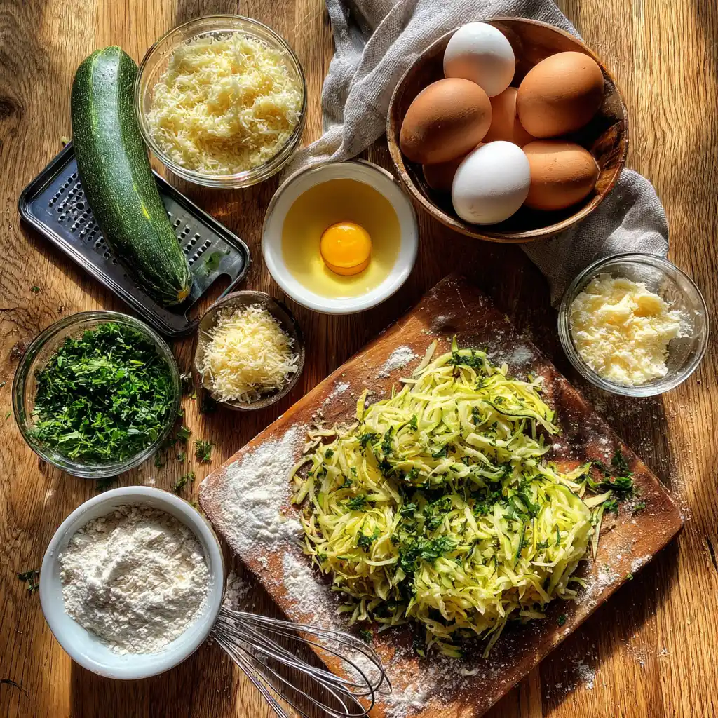 Zutaten für knusprige Zucchinipuffer mit Zucchini, Eiern, Mehl und Parmesan