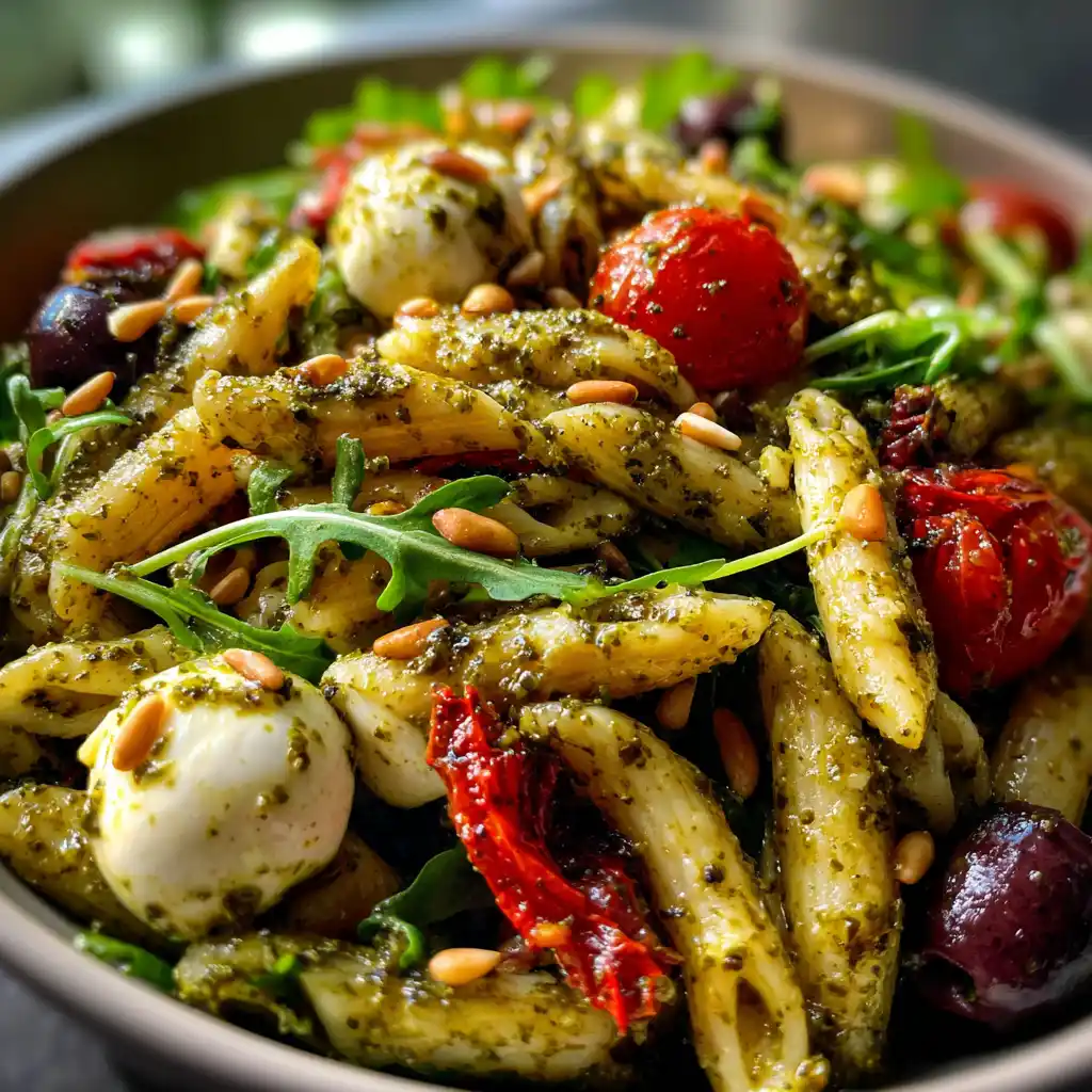 Mediterraner Nudelsalat mit Pesto, Tomaten, Mozzarella, Oliven und Rucola in Nahaufnahme