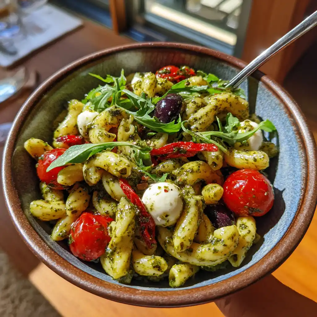 Mediterraner Nudelsalat mit Pesto und Tomaten