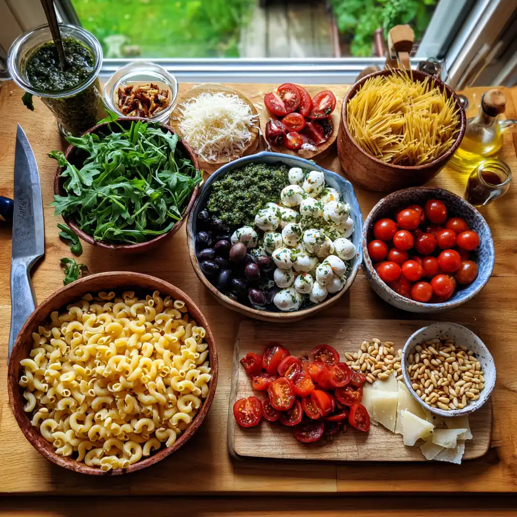 Zutaten für mediterranen Nudelsalat mit Pesto mit Nudeln, Pesto, Tomaten, Paprika, Mozzarella und Oliven