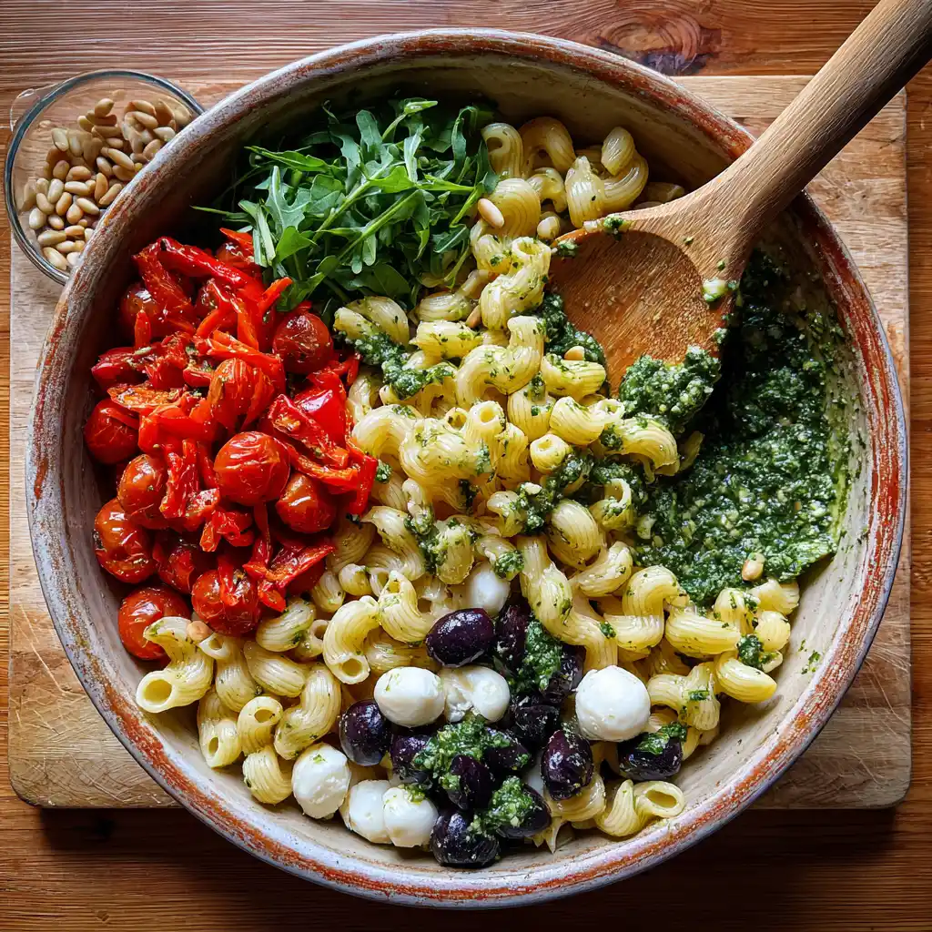 Zubereitung von mediterranem Nudelsalat mit Pesto in einer großen Schüssel