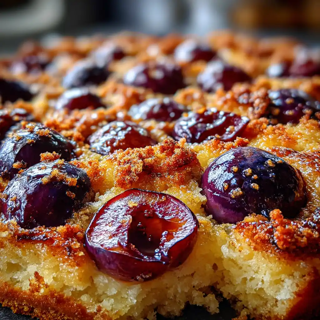 Nahaufnahme von saftigem Zwetschgenkuchen mit weichen Früchten und lockerem Rührteig