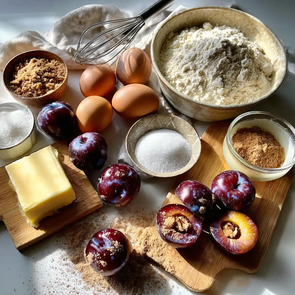 Zwetschgen, Butter, Eier, Zucker, Mehl, Milch und Zimt für einen Zwetschgenkuchen