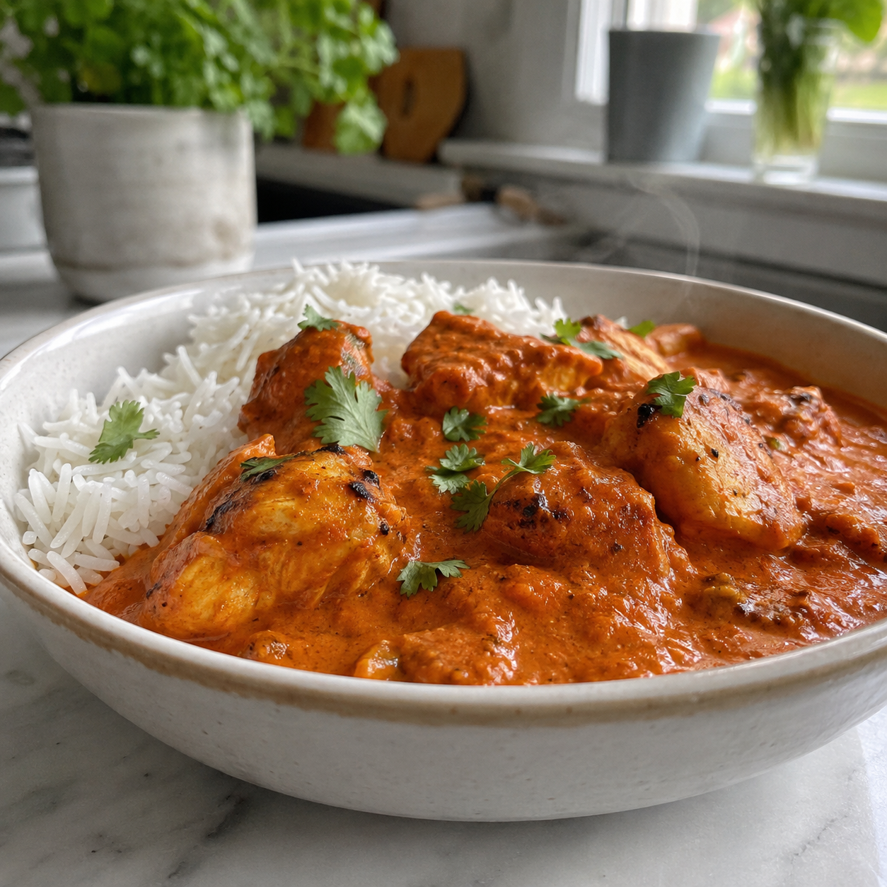 Cremiges Butter Chicken aus dem Ofen mit würziger Tomatensoße und frischen Kräutern