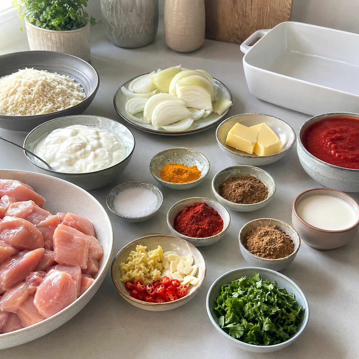 Hähnchen, Joghurt, Tomaten, Butter, Sahne, Garam Masala, Ingwer und Knoblauch für Butter Chicken