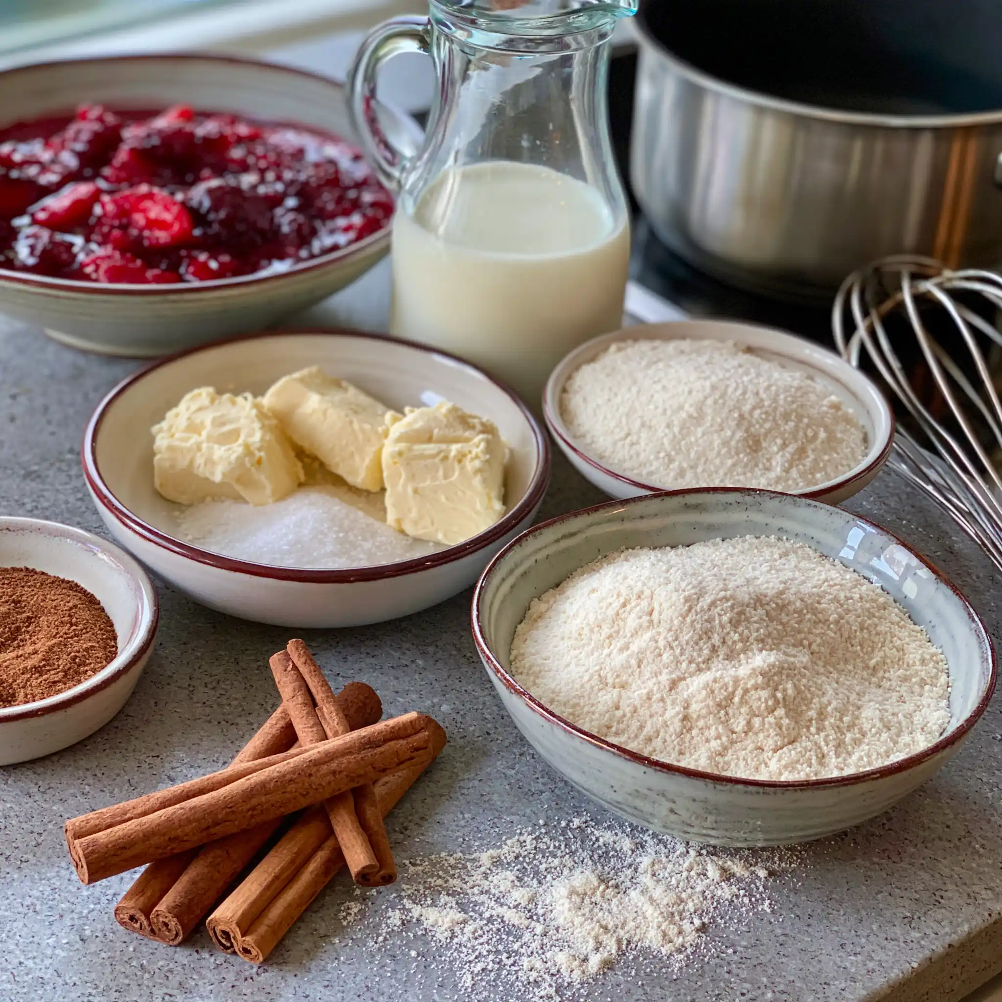 Zutaten für Grießbrei mit Milch, Weichweizengrieß, Zucker, Vanille und Butter