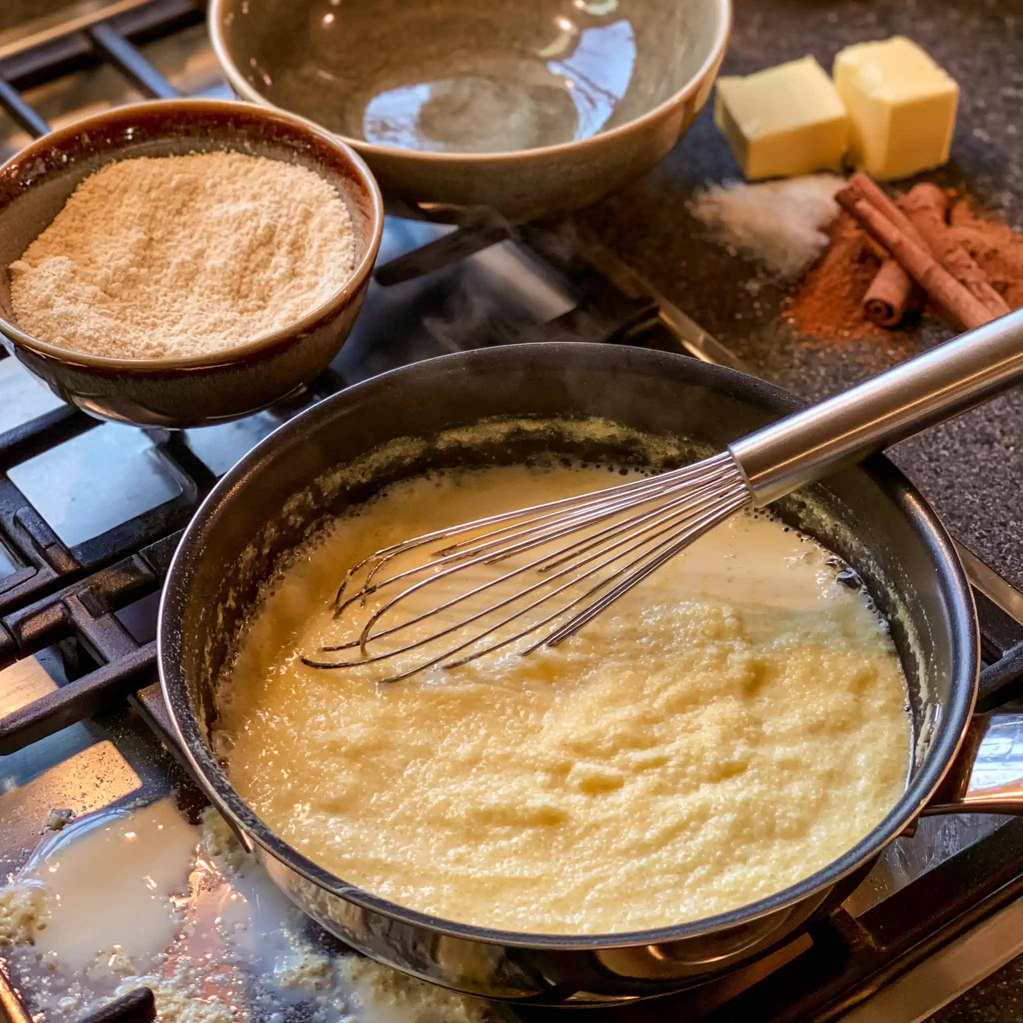 Weichweizengrieß wird langsam in heiße Milch eingerührt