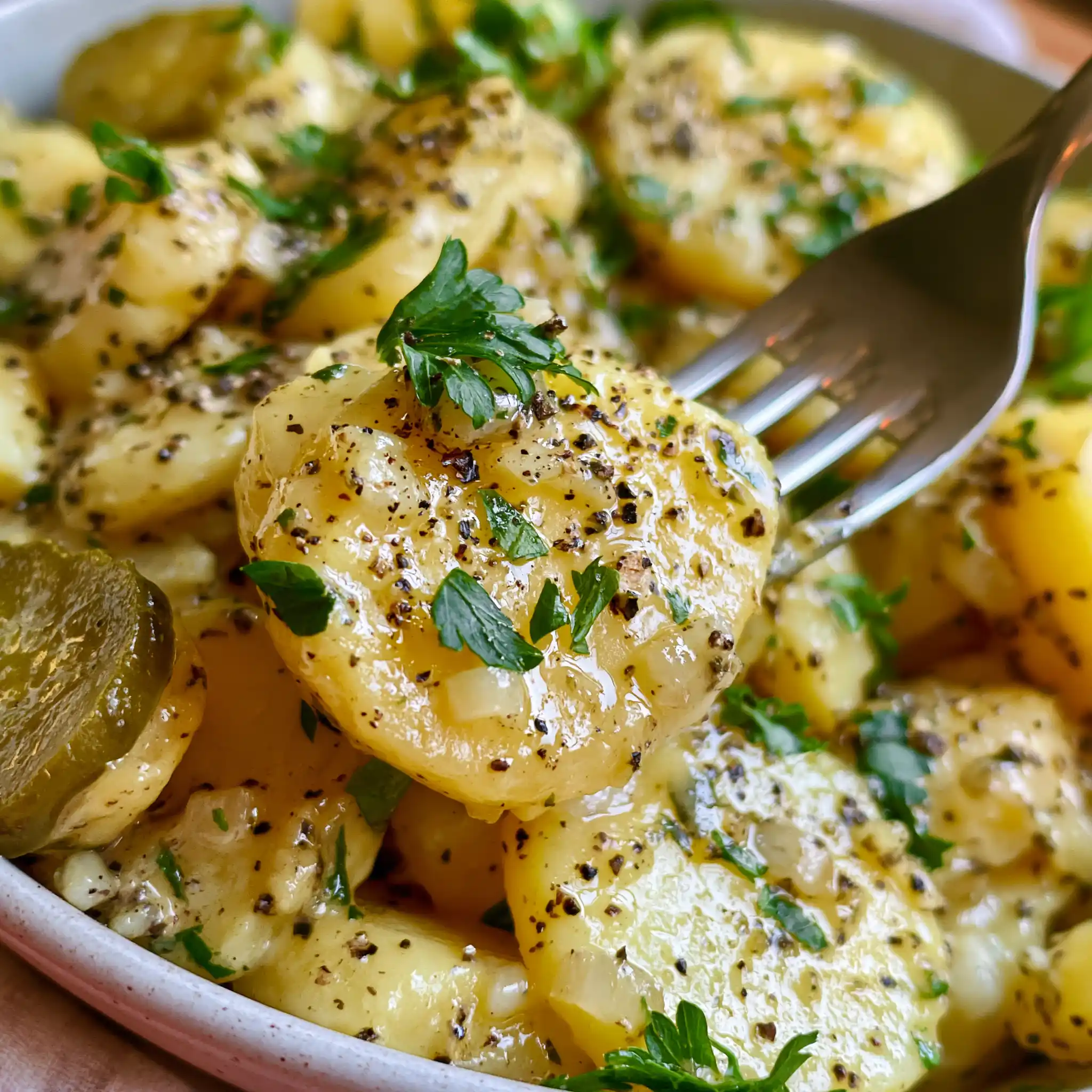 Nahaufnahme von saftigem Kartoffelsalat mit Brühe und frischem Schnittlauch