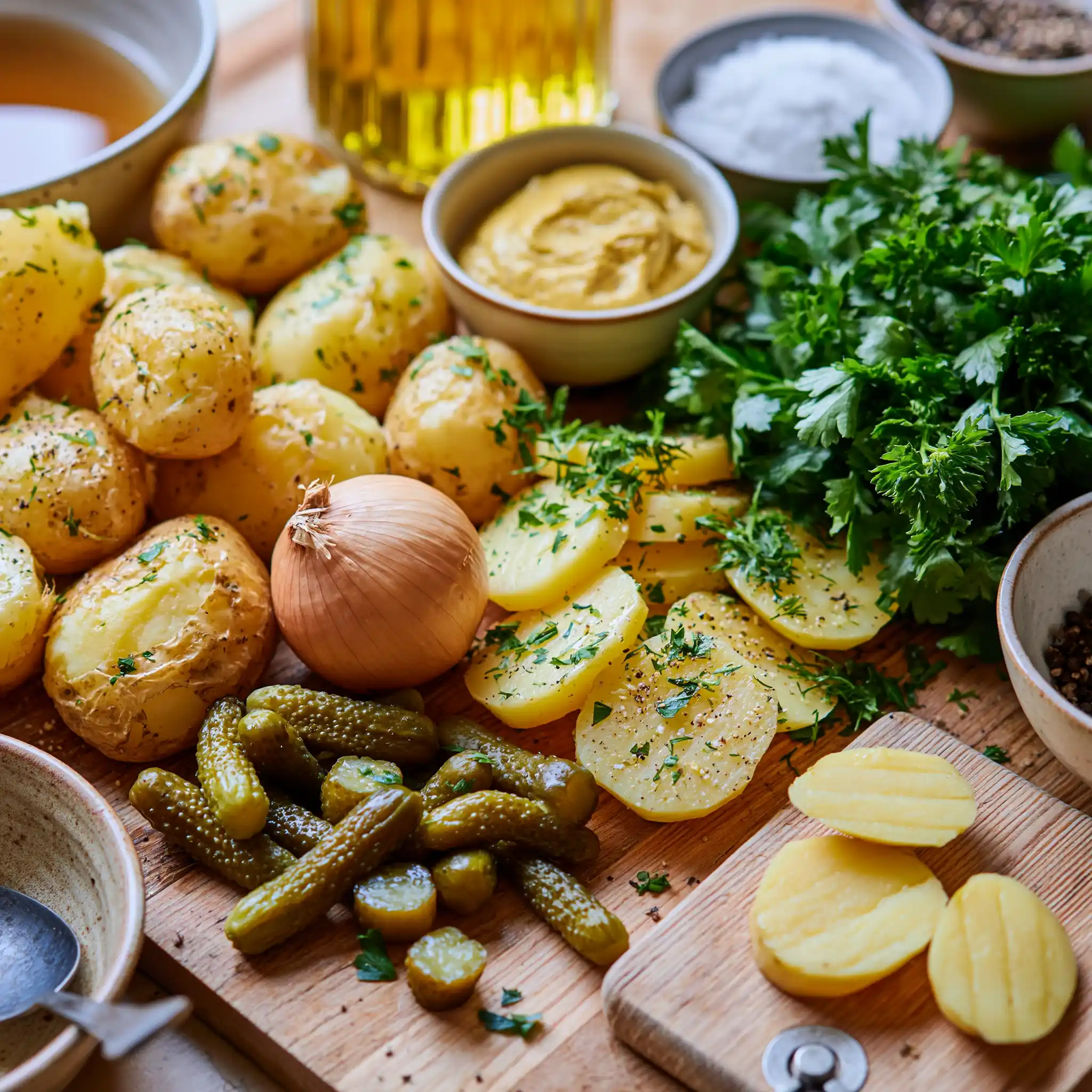 Zutaten für Kartoffelsalat wie bei Oma mit Kartoffeln, Brühe, Zwiebel, Essig, Senf und Schnittlauch