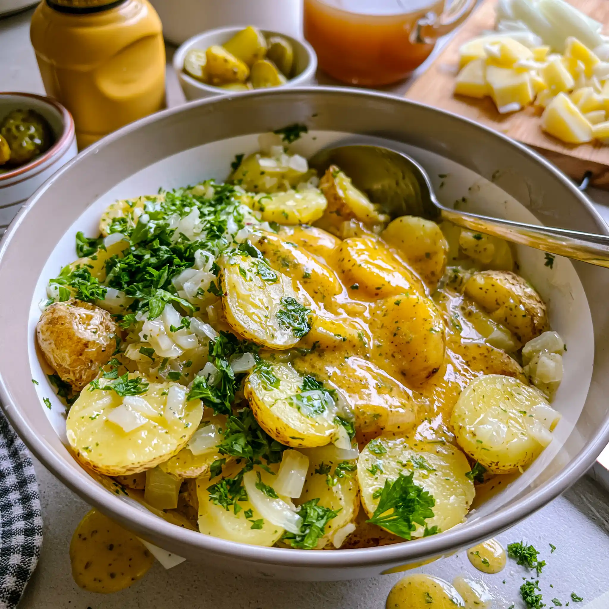 Warme Kartoffelscheiben werden mit heißer Brühe und Zwiebeln für Kartoffelsalat mariniert