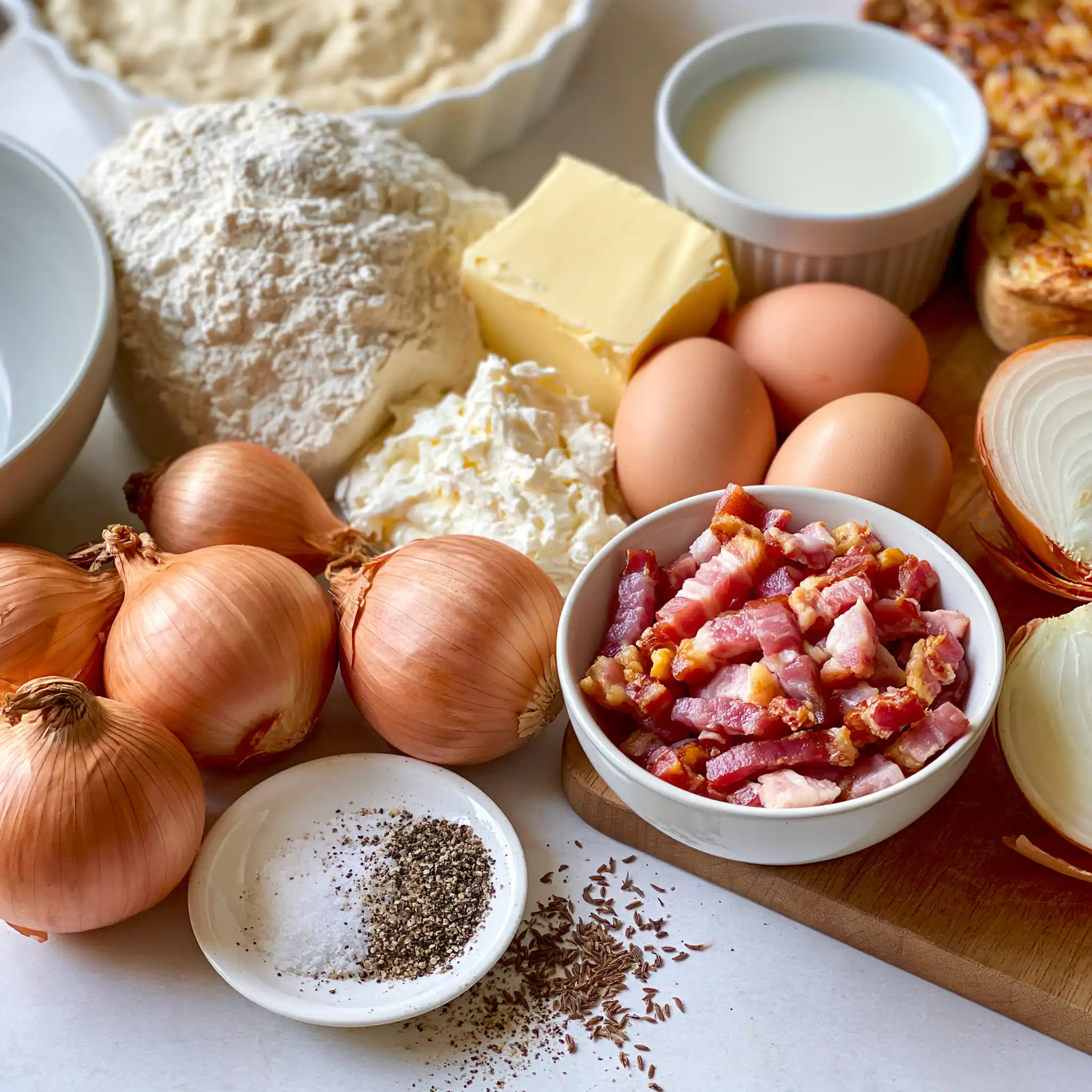 Zutaten für schwäbischen Zwiebelkuchen mit Zwiebeln, Mehl, Hefe, Speck, Eiern und Schmand