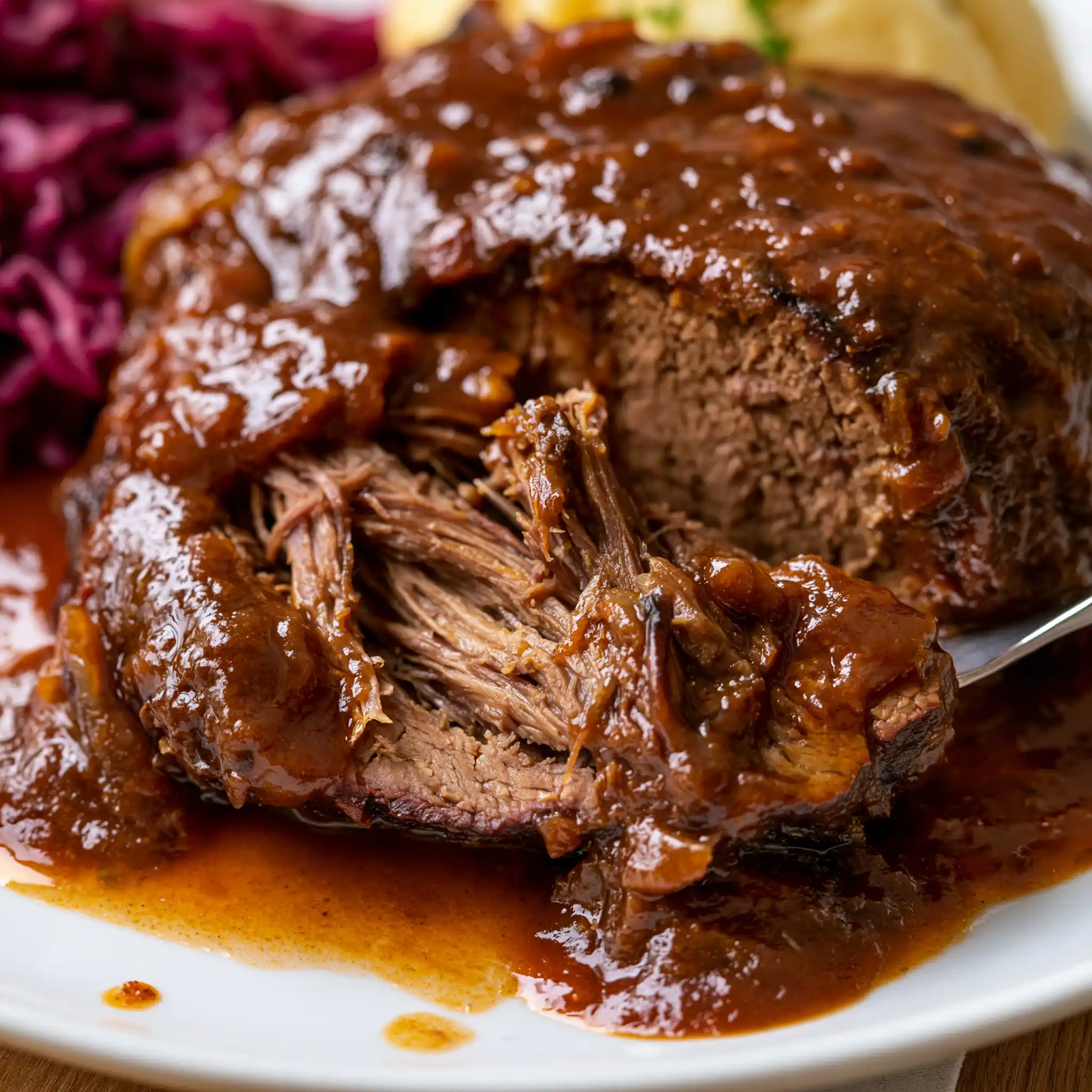 Rheinischer Sauerbraten im Close-up mit dunkler glänzender Sauce