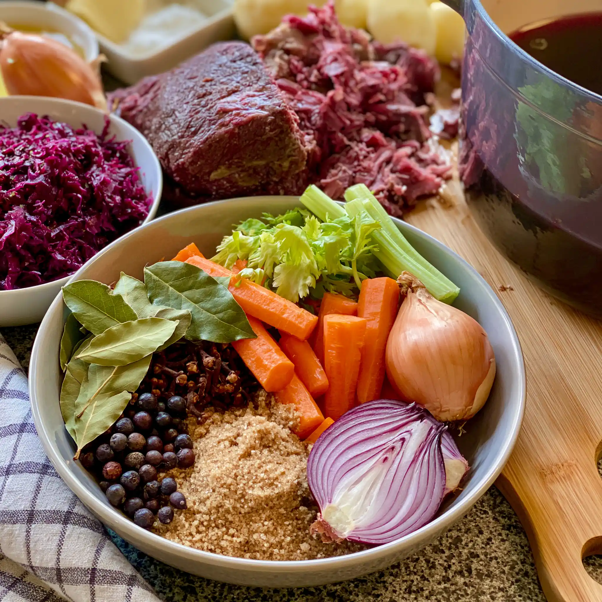 Zutaten für Rheinischen Sauerbraten mit Rindfleisch, Rotwein, Essig und Gemüse